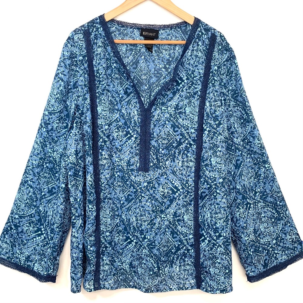 Lane Bryant Blue Paisley Crochet Trim Blouse 22/24 Boho Peasant Ling‎ Sleeve